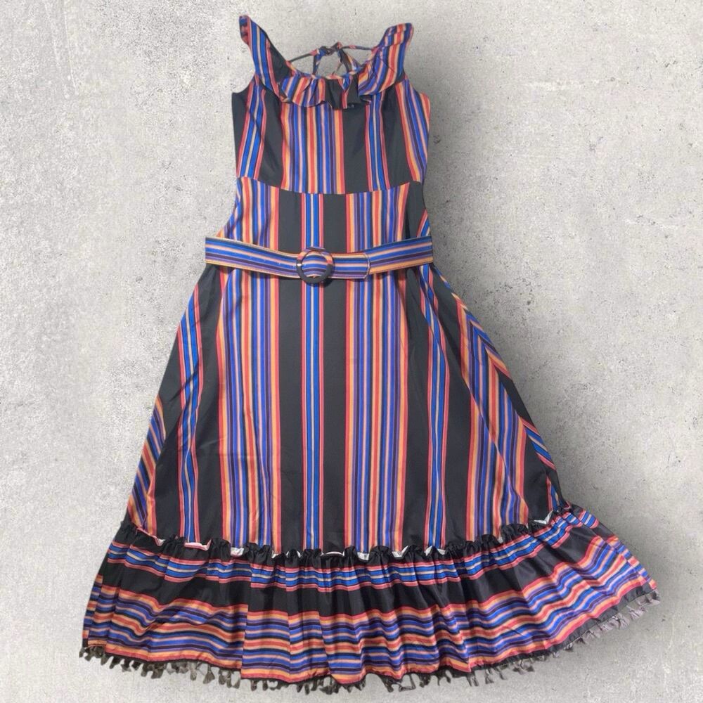 Rare Beulah Style Striped Fringe Maxi Dress Boho Style w/Belt Size Medium